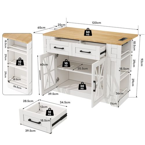 Desserte, Îlot De Cuisine 120x40/65x92 Cm Blanc Rabattable, Prises USB, Roulettes Avec Freins