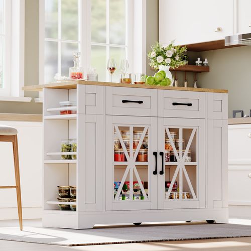 Desserte, Îlot De Cuisine 120x40/65x92 Cm Blanc Rabattable, Prises USB, Roulettes Avec Freins