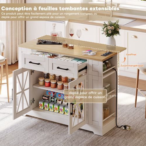 Desserte, Îlot De Cuisine 120x40/65x92 Cm Blanc Rabattable, Prises USB, Roulettes Avec Freins