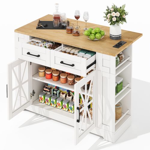 Desserte, Îlot De Cuisine 120x40/65x92 Cm Blanc Rabattable, Prises USB, Roulettes Avec Freins
