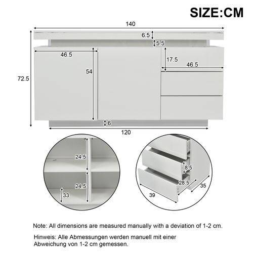 Buffet 140x35x72,5 Cm Avec LED, 2 Portes Et 3 Tiroirs, Bois Blanc Laqué