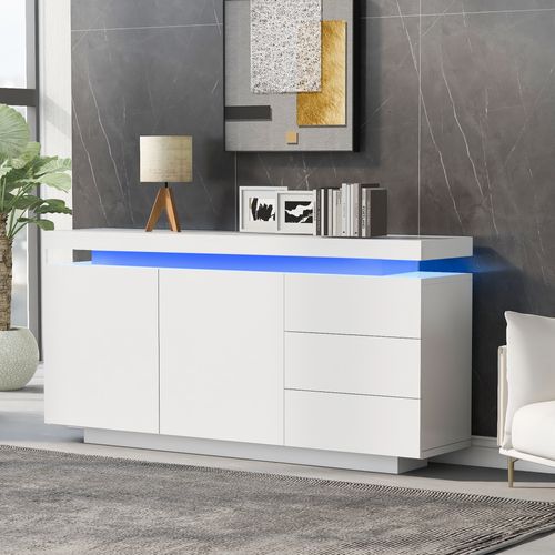 Buffet 140x35x72,5 Cm Avec LED, 2 Portes Et 3 Tiroirs, Bois Blanc Laqué