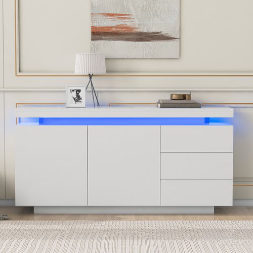 Buffet 140x35x72,5 Cm Avec LED, 2 Portes Et 3 Tiroirs, Bois Blanc Laqué