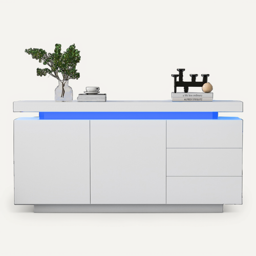 Buffet 140x35x72,5 Cm Avec LED, 2 Portes Et 3 Tiroirs, Bois Blanc Laqué