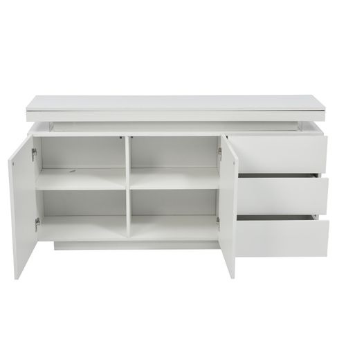 Buffet 140x35x72,5 Cm Avec LED, 2 Portes Et 3 Tiroirs, Bois Blanc Laqué