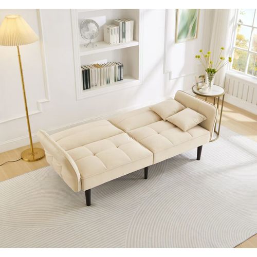 Canapé Convertible 2 Places Velours Beige, Dossiers Réglables, 2 Coussins