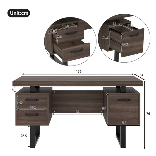 Bureau Bois Foncé 135 X 54 Cm En Mdf Et Métal, 3 Tiroirs, Rangement Pour Classeurs