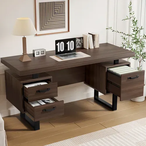 Bureau Bois Foncé 135 X 54 Cm En Mdf Et Métal, 3 Tiroirs, Rangement Pour Classeurs