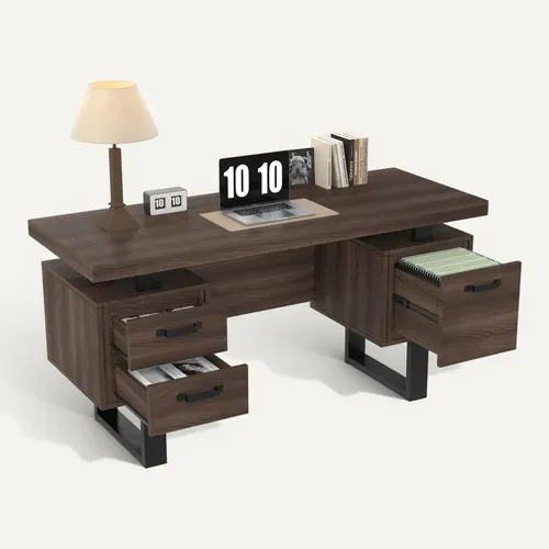 Bureau Bois Foncé 135 X 54 Cm En Mdf Et Métal, 3 Tiroirs, Rangement Pour Classeurs
