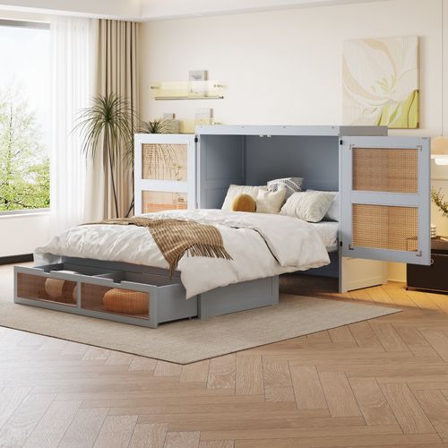 Lit Adulte Escamotable 140x200 Cm Bois Gris Avec Sommier à Lattes Et Tiroirs