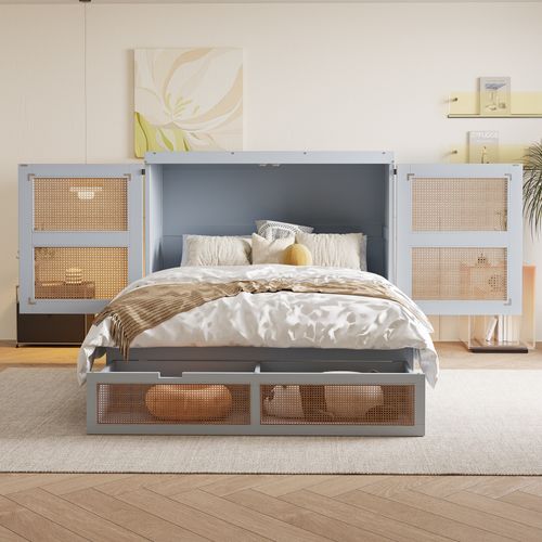 Lit Adulte Escamotable 140x200 Cm Bois Gris Avec Sommier à Lattes Et Tiroirs