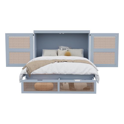 Lit Adulte Escamotable 140x200 Cm Bois Gris Avec Sommier à Lattes Et Tiroirs