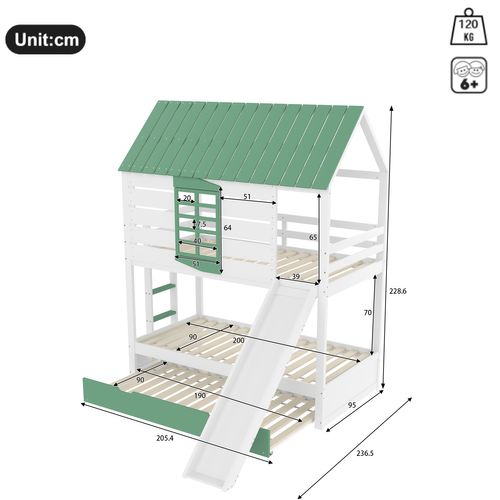 Lit Superposé Cabane 90x200 Cm Avec Lit Enfant Gigogne 90x190 Cm Avec Toboggan, Pin Blanc Et Vert