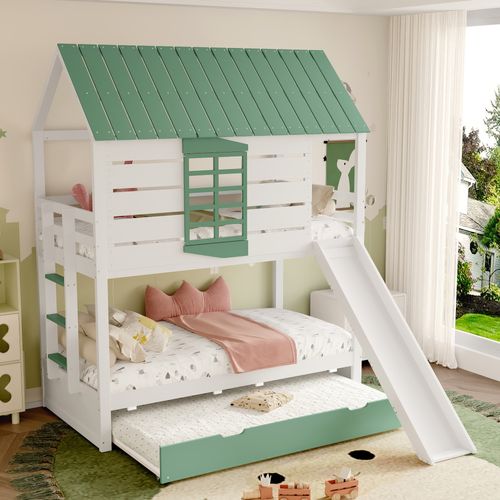Lit Superposé Cabane 90x200 Cm Avec Lit Enfant Gigogne 90x190 Cm Avec Toboggan, Pin Blanc Et Vert