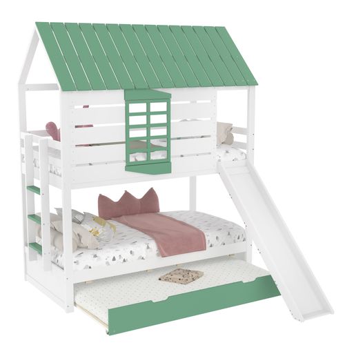 Lit Superposé Cabane 90x200 Cm Avec Lit Enfant Gigogne 90x190 Cm Avec Toboggan, Pin Blanc Et Vert