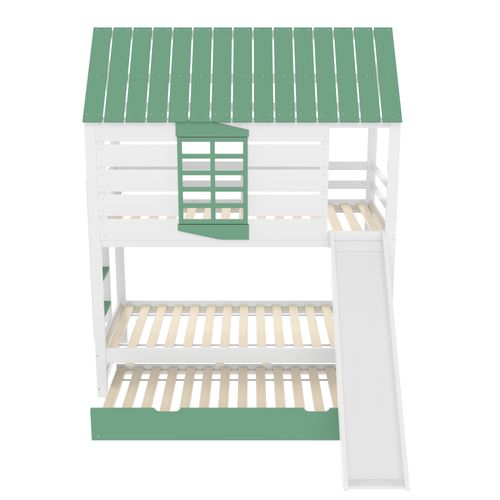 Lit Superposé Cabane 90x200 Cm Avec Lit Enfant Gigogne 90x190 Cm Avec Toboggan, Pin Blanc Et Vert