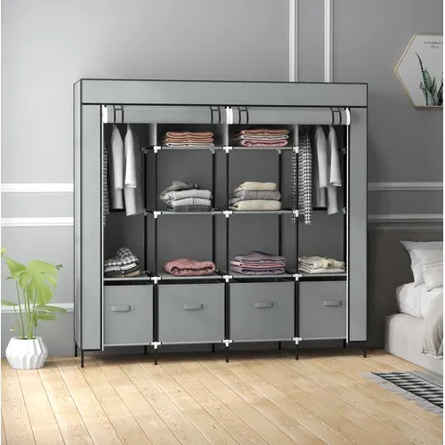Penderie Portable 166x42.5x169.5 Cm Avec 2 Tringles Et 4 Tiroirs, En Métal Gris Foncé