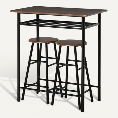 Ensemble Table Haute Avec 2 Tabourets Et Rangement, Métal Noir