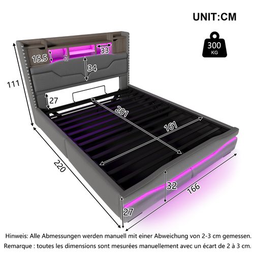 Lit Coffre 160x200 Cm En Lin Gris Avec LED, Ports USB/type-c Et Tête à Rangements