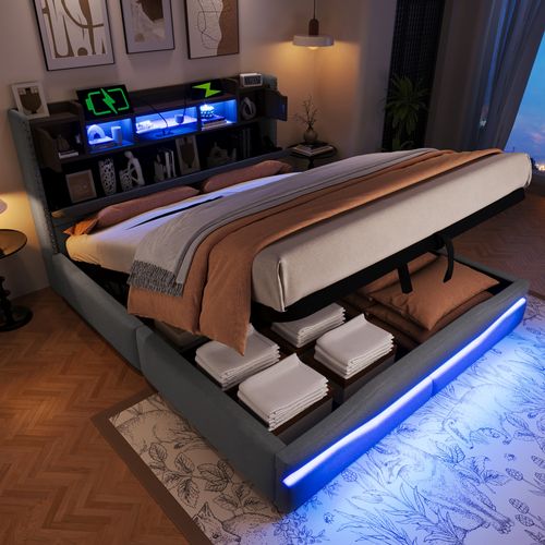 Lit Coffre 160x200 Cm En Lin Gris Avec LED, Ports USB/type-c Et Tête à Rangements