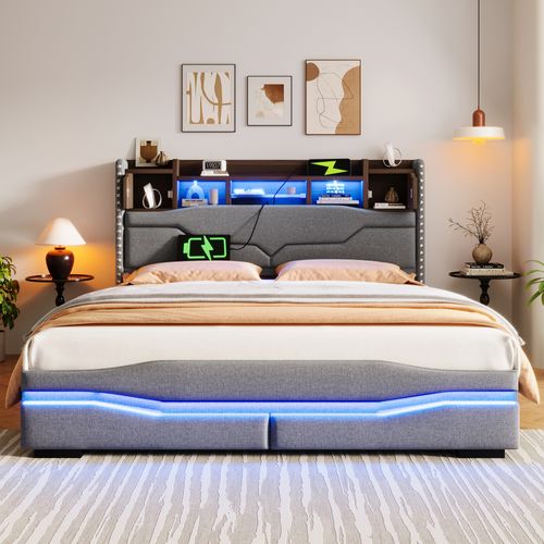 Lit Coffre 160x200 Cm En Lin Gris Avec LED, Ports USB/type-c Et Tête à Rangements
