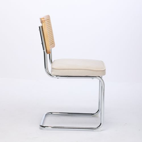 Lot De 2 Chaises Cantilever Velours Beige, Dossier Rotin Tressé, Base Métal Chromé