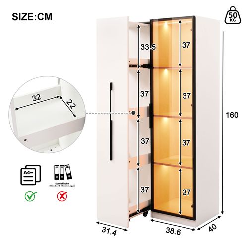 Vitrine Bibliothèque LED 70x40x160 Cm Avec Porte, Rangement Latéral Coulissant, Blanc