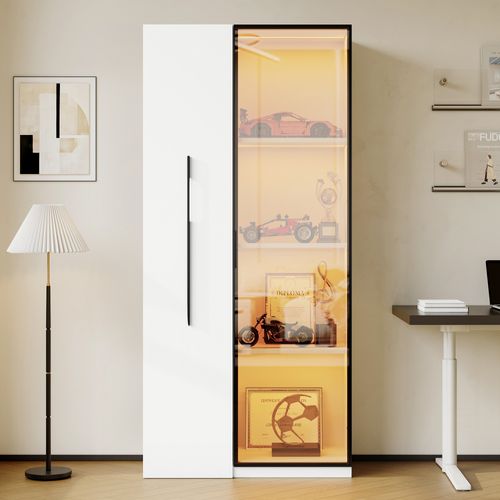 Vitrine Bibliothèque LED 70x40x160 Cm Avec Porte, Rangement Latéral Coulissant, Blanc