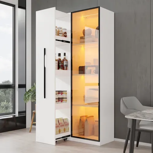 Vitrine Bibliothèque LED 70x40x160 Cm Avec Porte, Rangement Latéral Coulissant, Blanc