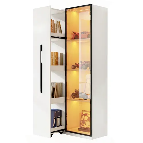 Vitrine Bibliothèque LED 70x40x160 Cm Avec Porte, Rangement Latéral Coulissant, Blanc
