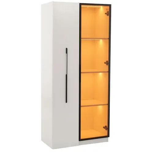 Vitrine Bibliothèque LED 70x40x160 Cm Avec Porte, Rangement Latéral Coulissant, Blanc