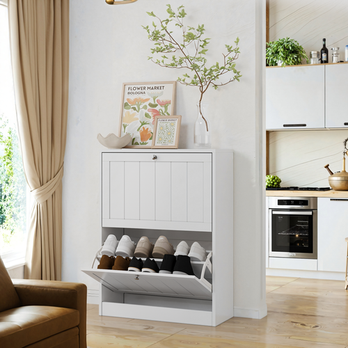 Meuble à Chaussures Blanc 60 Cm Avec 2 Abattants, Design Moderne