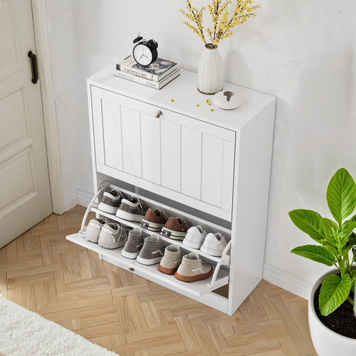 Meuble à Chaussures Blanc 60 Cm Avec 2 Abattants, Design Moderne