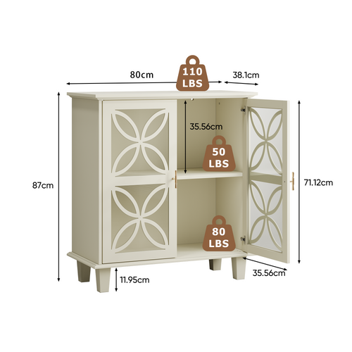 Buffet 2 Portes En Verre Trempé Avec Étagères Réglables, Crème, Salon Et Entrée