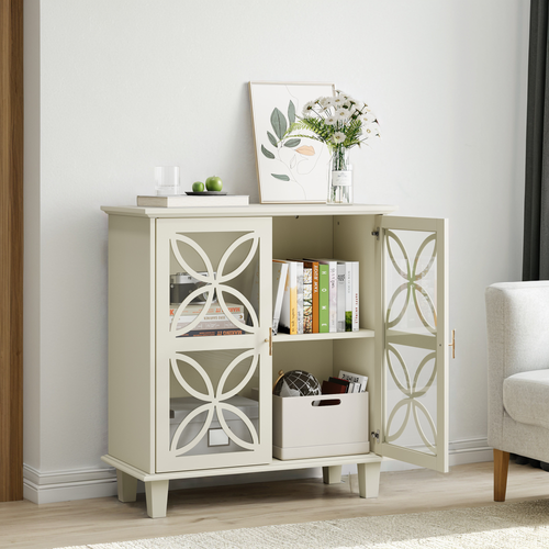 Buffet 2 Portes En Verre Trempé Avec Étagères Réglables, Crème, Salon Et Entrée