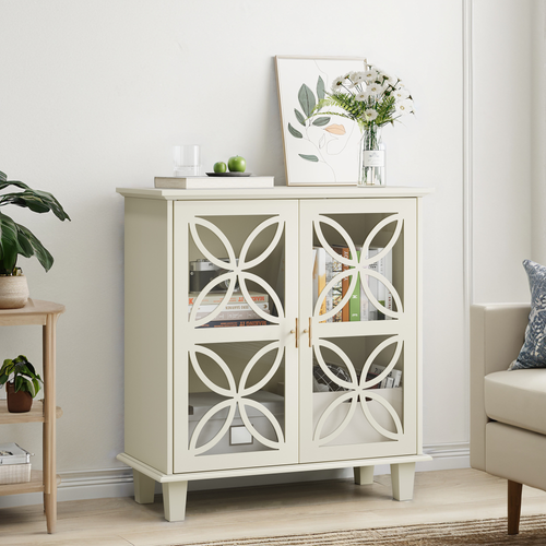 Buffet 2 Portes En Verre Trempé Avec Étagères Réglables, Crème, Salon Et Entrée