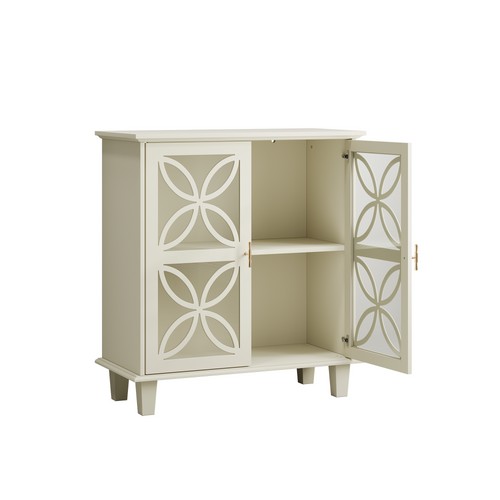Buffet 2 Portes En Verre Trempé Avec Étagères Réglables, Crème, Salon Et Entrée