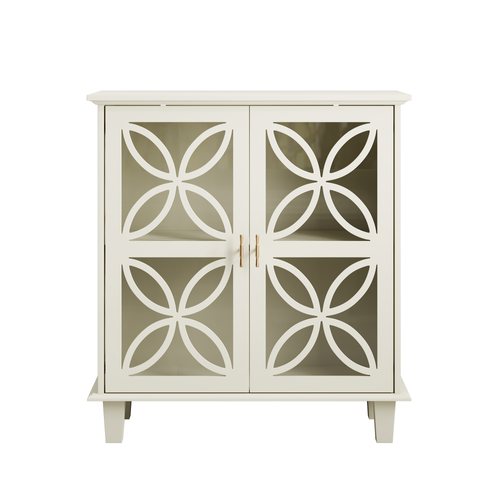 Buffet 2 Portes En Verre Trempé Avec Étagères Réglables, Crème, Salon Et Entrée
