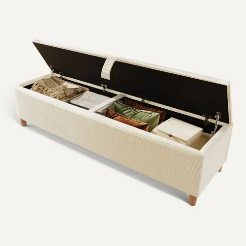 Banquette 145 Cm Avec Coffre De Rangement, Velours Côtelé Beige, Pieds En Bois