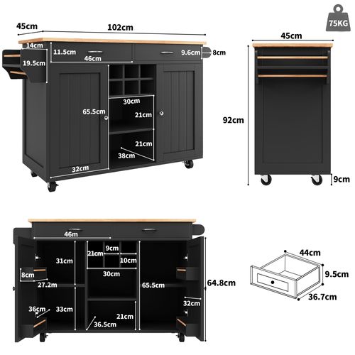 Desserte De Cuisine 102x45x92 Cm Noir à Roulettes, Aspect Bois, Avec Rangements Et Casiers à Vin