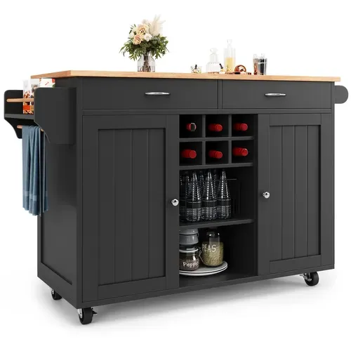 Desserte De Cuisine 102x45x92 Cm Noir à Roulettes, Aspect Bois, Avec Rangements Et Casiers à Vin