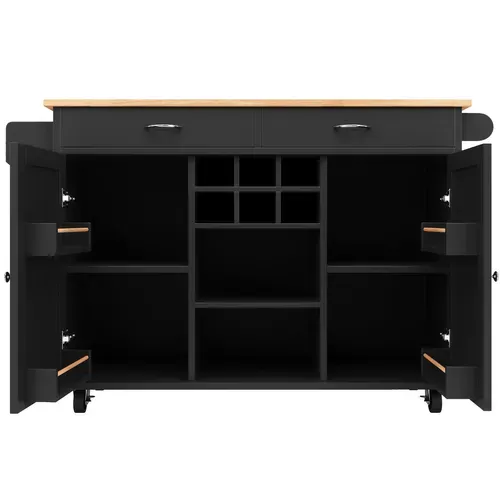 Desserte De Cuisine 102x45x92 Cm Noir à Roulettes, Aspect Bois, Avec Rangements Et Casiers à Vin