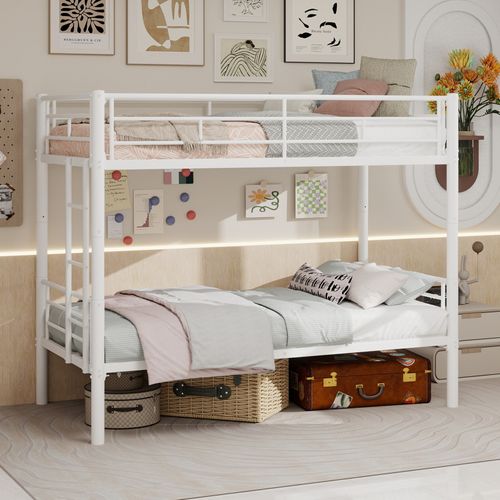 Lit Superposé Enfant 90x190 Cm Métal Blanc Convertible En 2 Lits Avec Échelle Et Garde-corps