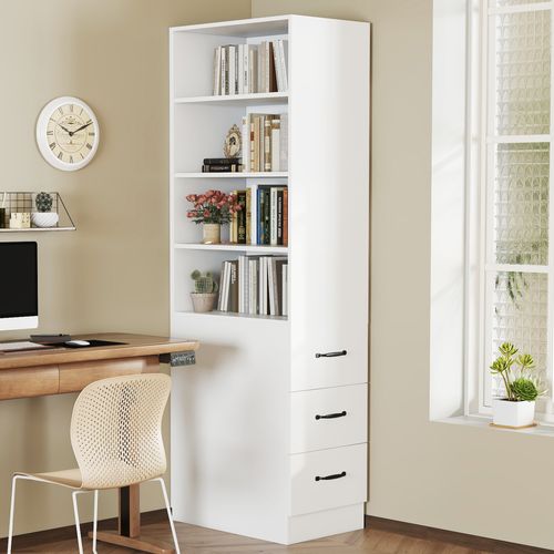 Bibliothèque Haute 60x38x180 Cm Blanche Avec 3 Tiroirs Latéraux Et étagères Réglables