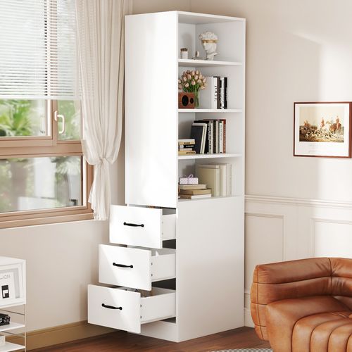 Bibliothèque Haute 60x38x180 Cm Blanche Avec 3 Tiroirs Latéraux Et étagères Réglables