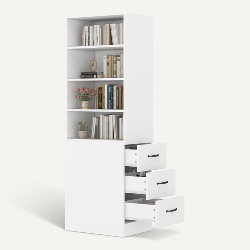 Bibliothèque Haute 60x38x180 Cm Blanche Avec 3 Tiroirs Latéraux Et étagères Réglables