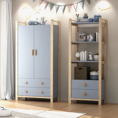 Ensemble Armoire + Bibliothèque Bleu Et Bois Avec Penderie, 2 Portes Et 4 Tiroirs, Hauteur 180 Cm