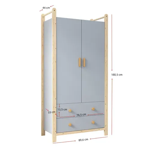 Ensemble Armoire + Bibliothèque Bleu Et Bois Avec Penderie, 2 Portes Et 4 Tiroirs, Hauteur 180 Cm