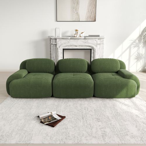 Canapé Modulable 3 Places En Velours Côtelé Vert, Sans Montage