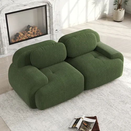 Canapé 2 Places Modulable En Velours Côtelé Vert, Accoudoirs Courbés